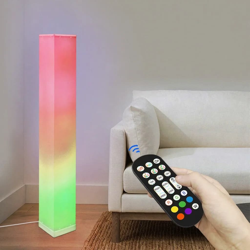Firkantet gulvlampe med fjernkontroll og LED-stemningslys for stuen