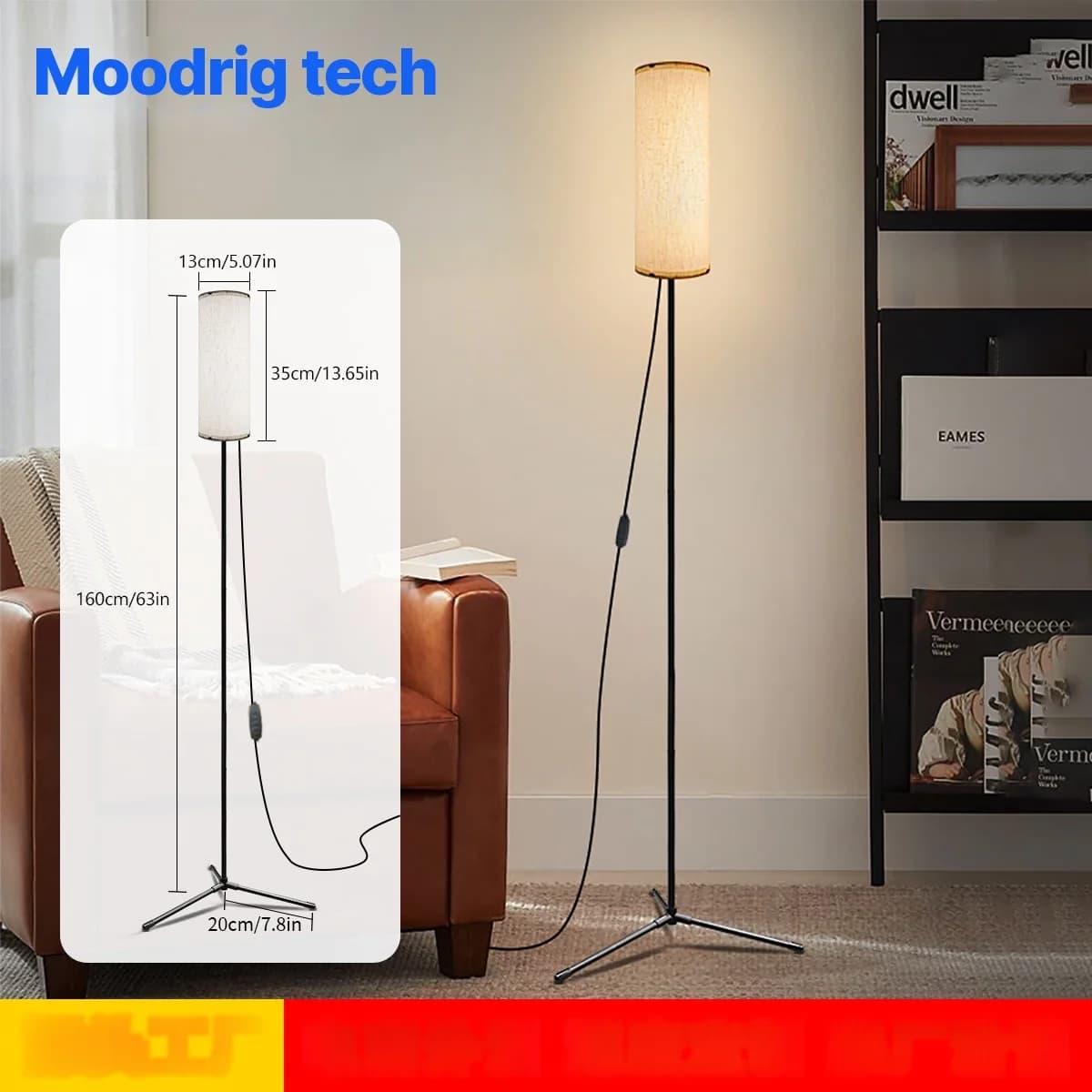 LED-gulvlampe med tekstilskjerm, dimbar trefarget lys
