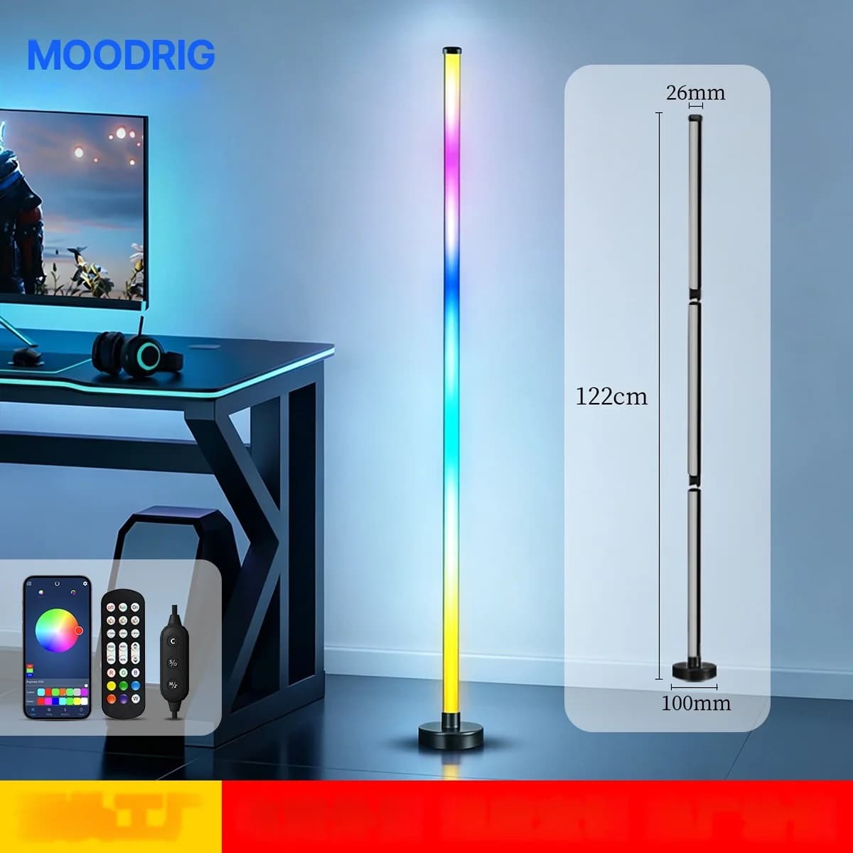RGB LED hjørnegulvlampe med musikk-synk, app og fjernkontroll