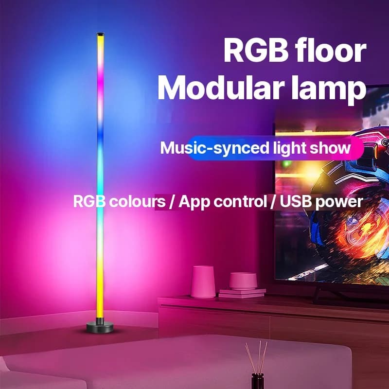 RGB LED hjørnegulvlampe med musikk-synk, app og fjernkontroll