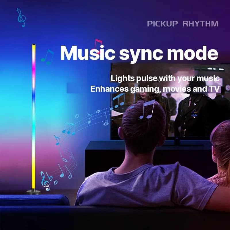 RGB LED hjørnegulvlampe med musikk-synk, app og fjernkontroll